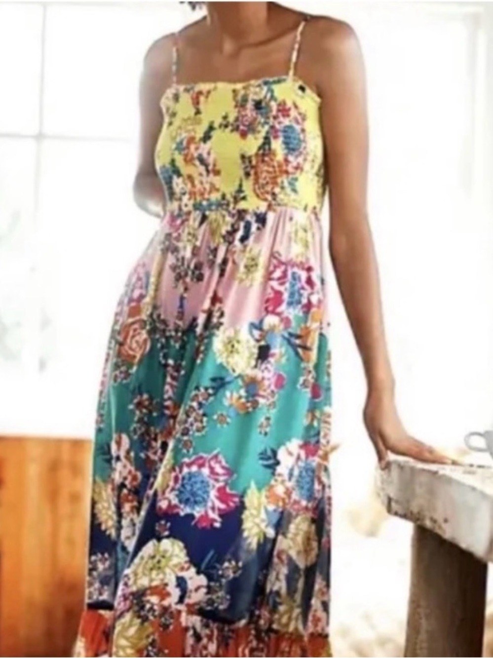 Anthropologie Multicolor Floral Maxi Dress - Yellow, Pink, Teal, Navy